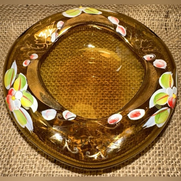 Amber Handpainted Floral Ashtray Bohemian Trinket‎ Bowl 5” X 2” Vintage glass - Picture 1 of 7